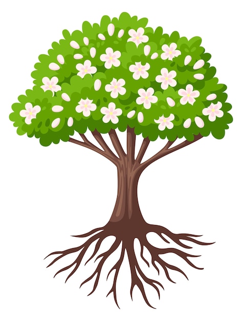 Blooming tree icon Cartoon green plant with white flowers