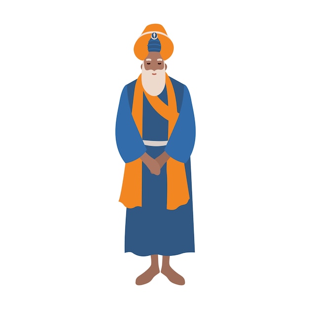 Blootvoetse sikh die traditionele Indische kleren en geïsoleerde tulband dragen. Religieus persoon, predikant of spiritueel leider. Kleurrijke vectorillustratie in platte cartoon stijl.