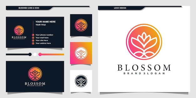 Blossom flower logo design with unique bright gradient style and business card Premium vector