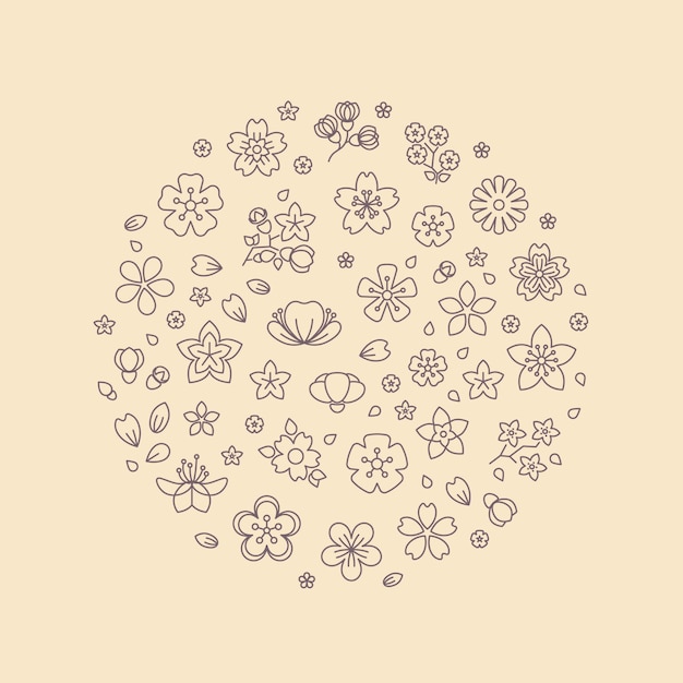Vector blossom flower thin line icons in circle design