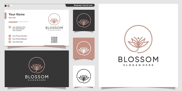 Blossom-logo-massage met bloemlijnkunststijl en visitekaartjeontwerp