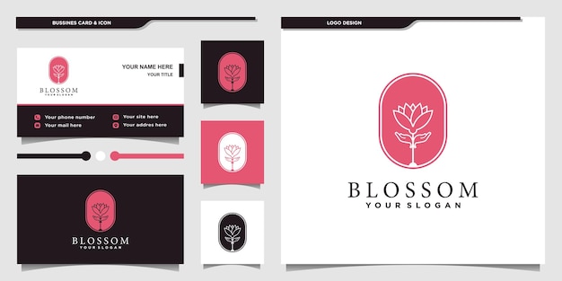 Blossom logo with unique flower negative space color and business card design Premium Vector