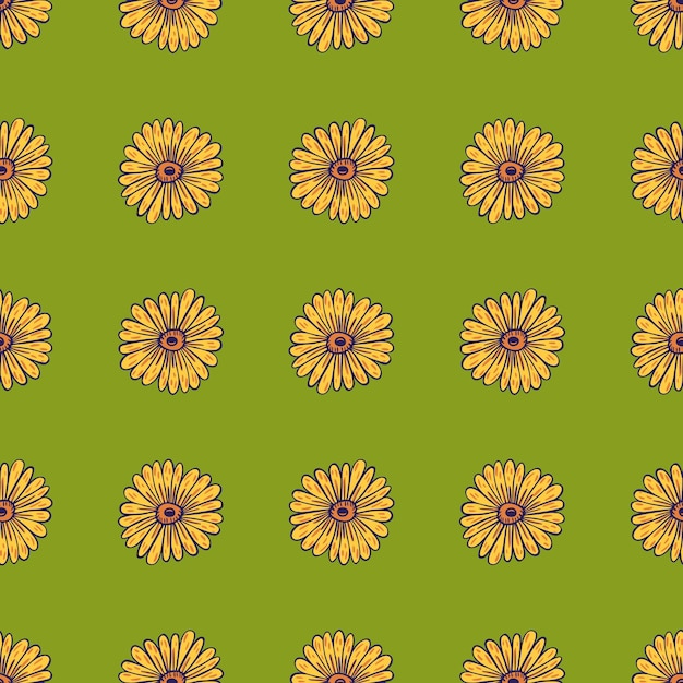 Reticolo senza giunte del fiore con forme sagomate giallo girasole. sfondo verde. ornamento floreale. illustrazione vettoriale per stampe tessili stagionali, tessuti, striscioni, fondali e sfondi.
