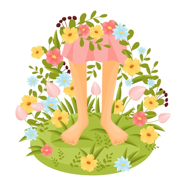 Blote voeten onder een roze jurk op een open plek omringd door bloemen vectorillustratie