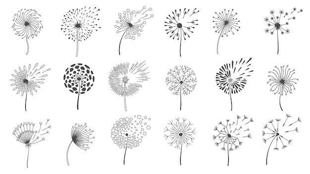 Выдувание семян одуванчика. силуэты пушистых цветов желаний, весенние цветущие одуванчики, ветром. набор векторных дизайна логотипа природы цветочный. полет различных бутонов растений, изолированные на белом фоне