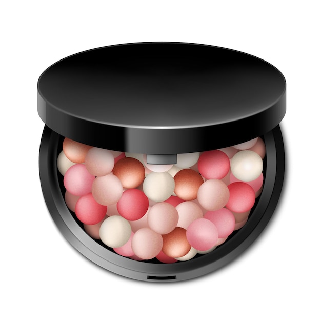 Vector blozen ballen poeder ballen in ronde zwarte behuizing met spiegel kleurrijke blozen ballonnen realistische 3d-vectorillustratie geïsoleerd op witte achtergrond decoratieve cosmetica voor schoonheid