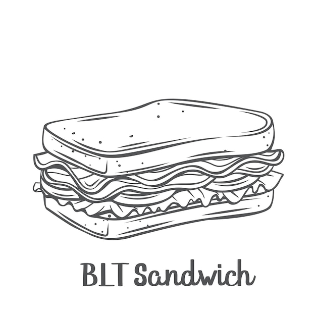 Vector blt sandwich met spek, sla en tomaat getekende schets illustratie.