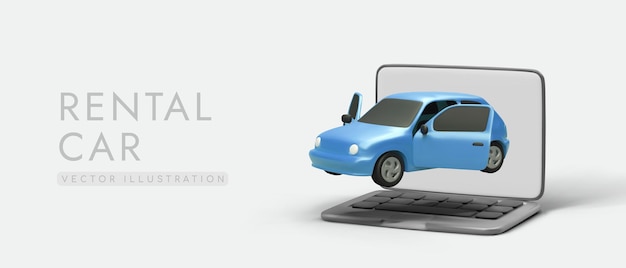 Vector blue 3d car with open doors selection of optimal car for rent car sharing advertising web design rental of personal vehicles detailed information about car