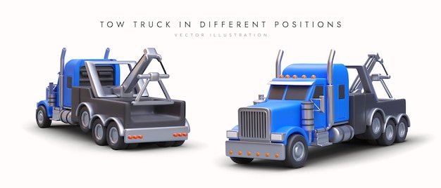 Blue 3D tow truck front and back view Set of isolated images