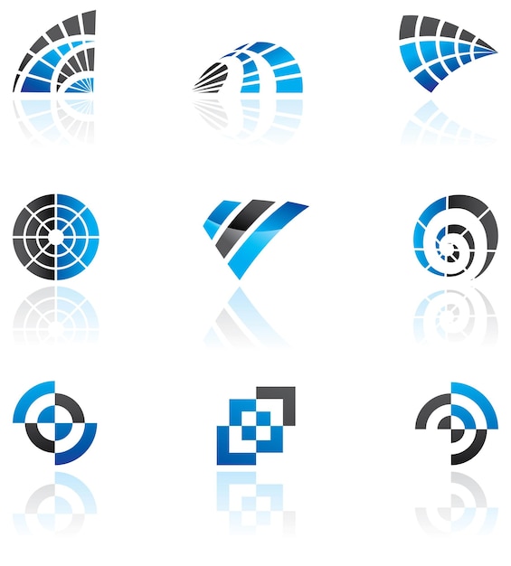 Blue Abstract Icons of a Hand Fan Radar Crest Target and Swirly Galaxy