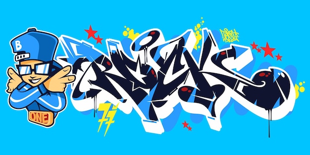 Синее абстрактное городское граффити уличное искусство Word Rock Lettering и Bboy Dancer Character Vector Illustration