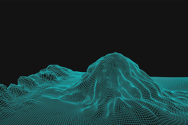 Blue abstract vector wireframe landscape background. 3D futuristic mesh mountains. 80s Retro illustration. Cyberspace technology valleys.