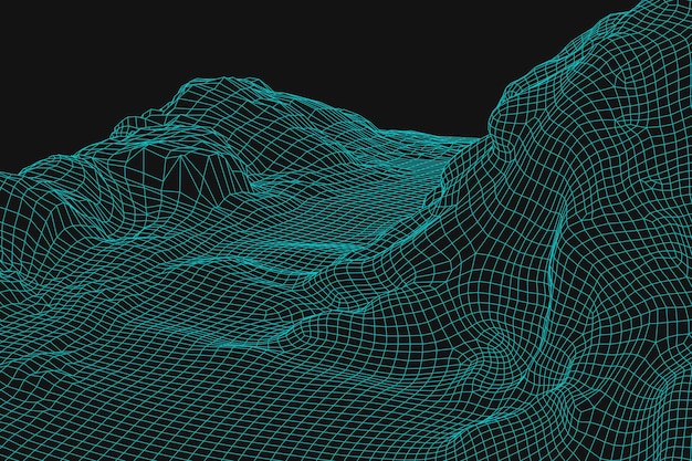 Blue abstract vector wireframe landscape background. 3D futuristic mesh mountains. 80s Retro illustration. Cyberspace technology valleys.