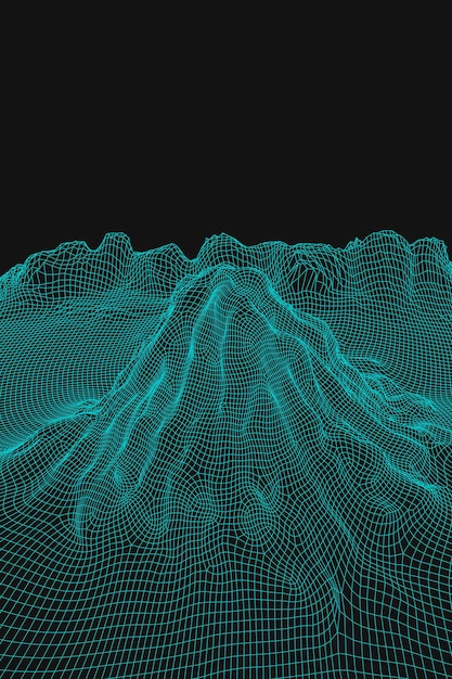 Vector blue abstract vector wireframe landscape background 3d futuristic mesh mountains 80s retro illustration cyberspace technology valleys