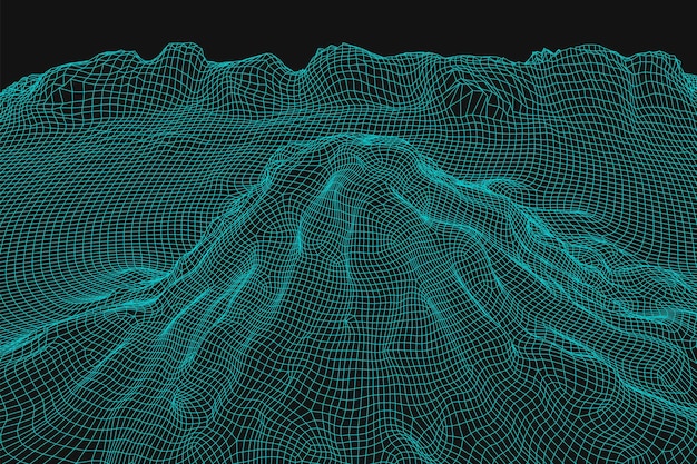 Blue abstract vector wireframe landscape background 3d futuristic mesh mountains 80s retro illustration cyberspace technology valleys