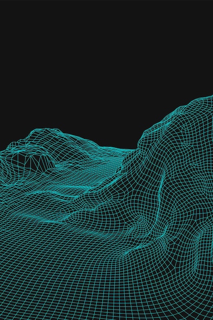파란색 추상 터 와이어 프레임 풍경 배경 3D 미래의 mesh 산 80년대 레트로 일러스트레이션 사이버 스페이스 기술 계곡