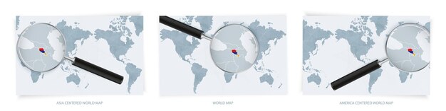 Mappe del mondo astratte blu con lente d'ingrandimento sulla mappa dell'armenia con la bandiera nazionale dell'armenia. tre versioni della mappa del mondo.