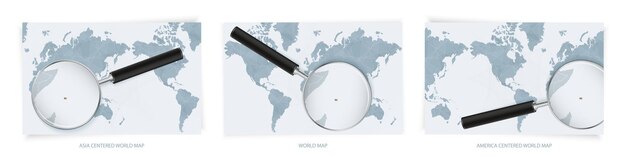 Vector blue abstract world maps with magnifying glass on map of seychelles with the national flag of seychelles three version of world map
