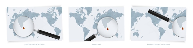 Mappe del mondo astratte blu con lente d'ingrandimento sulla mappa dello sri lanka
