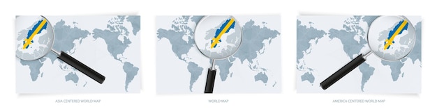 Mappe del mondo astratte blu con lente d'ingrandimento sulla mappa della svezia con la bandiera nazionale della svezia. tre versioni della mappa del mondo.