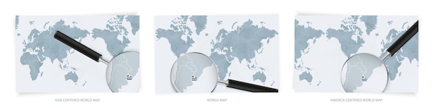 Голубые абстрактные карты мира с увеличительным стеклом на карте Уругвая с национальным флагом Уругвая Три версии карты мира