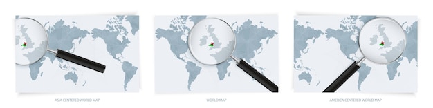 Blue abstract world maps with magnifying glass on map of wales