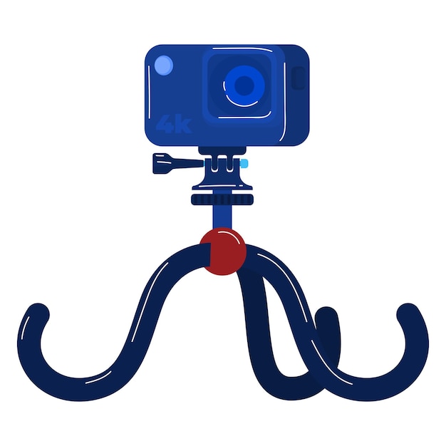 Blue action camera mounted on flexible tripod with k label portable video recording equipment vector