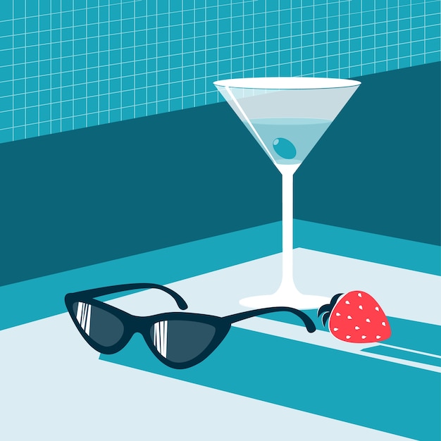 Vector blue alcohol cocktail and sunglasses