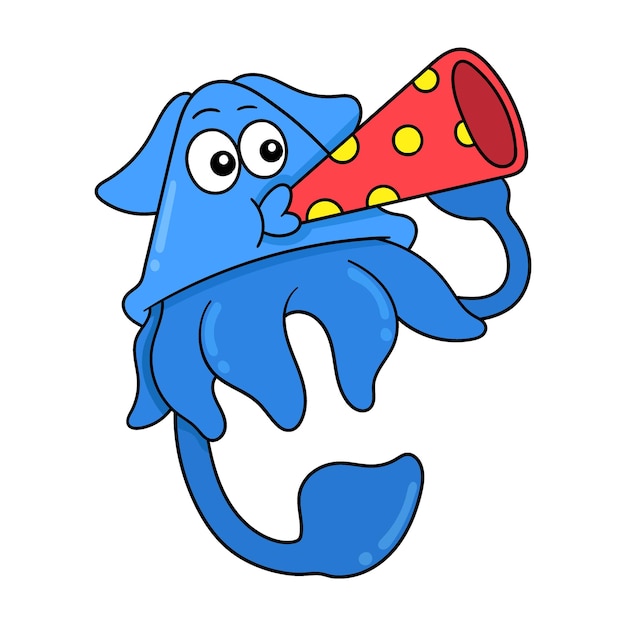 Calamaro alieno blu che soffia la tromba di compleanno doodle icon image kawaii