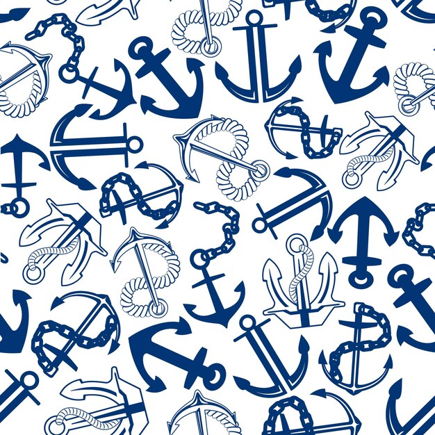 Vector blue anchors with chains ropes seamless pattern