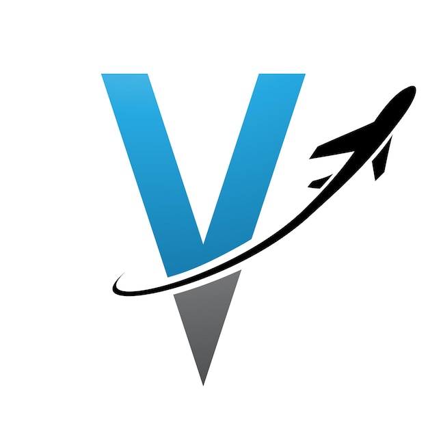 Сине-черная футуристическая икона буквы v с самолетом на белом фоне
