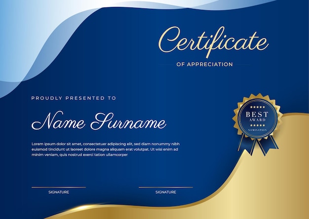Сине-золотой шаблон границы сертификата о достижениях с роскошным значком и современным рисунком линии для награждения деловых и образовательных потребностей