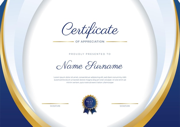 Сине-золотой шаблон границы сертификата о достижениях с роскошным значком и современным рисунком линии для награждения деловых и образовательных потребностей