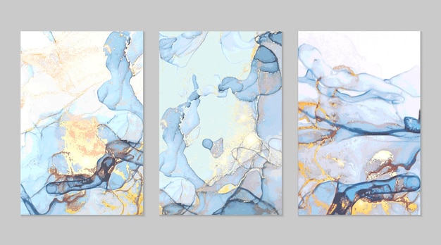 Синие и золотые мраморные абстрактные текстуры в технике спиртовой туши