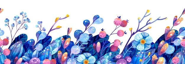 Синие и фиолетовые растения бесшовная граница акварель фиолетовые и розовые цветы, листья и ягоды