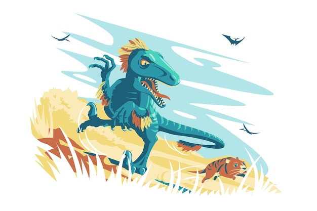 Blue angry dino raptor vector illustration wild dinosaur character in jungle follow animal flat style wildlife paleontology and fossil animal concept isolated