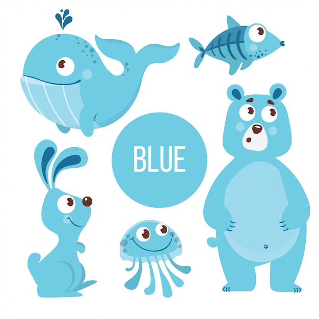 Vector blue animals: whale, fish, bear, rabbit, jelly fish