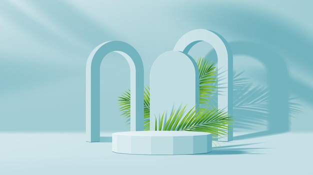 Blue arch and podium with palm leaves shadow