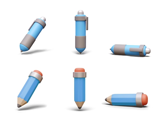 Голубая автоматическая шаровая ручка и карандаш набор 3d-объектов в различном положении