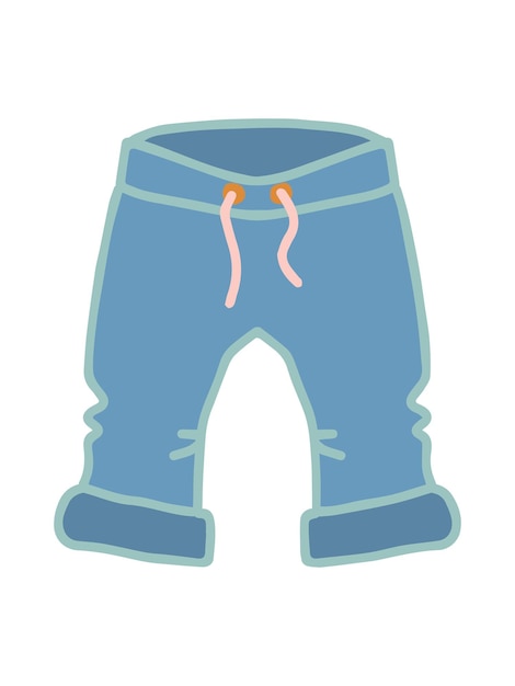 Blue baby pants summer clothes with drawstring lacing at the waist for a newborn girl or boy isolated vector freehand drawing with folds