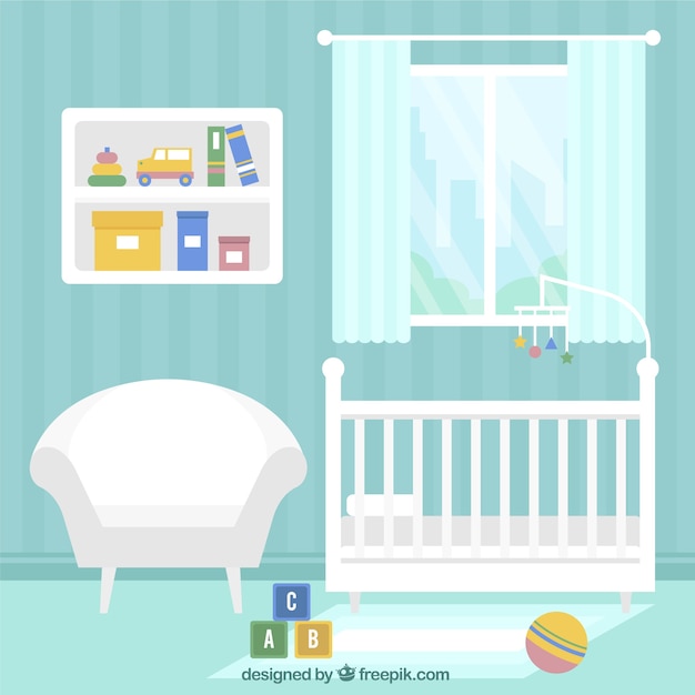 blue baby room with white furniture
