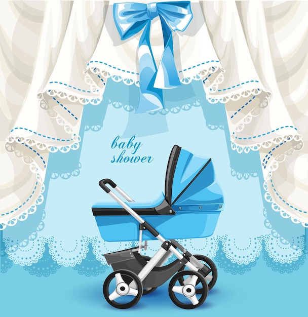 Blue baby shower card with baby carriage