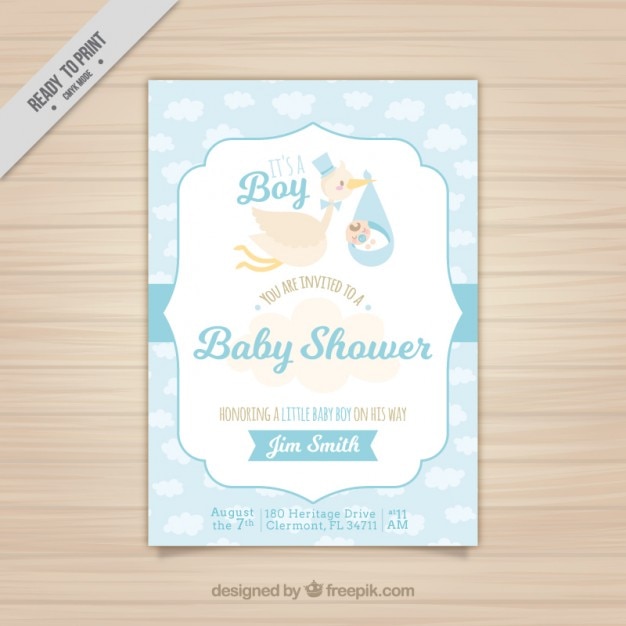 Vector blue baby shower card with a nice stork