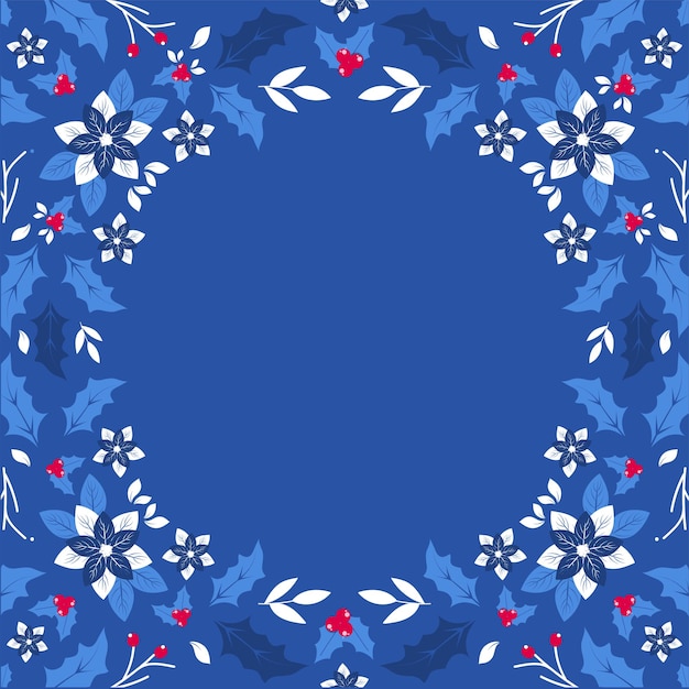 Blue background decorated with poinsettia flowers leaves holly berry and copy space for merry christmas celebrations