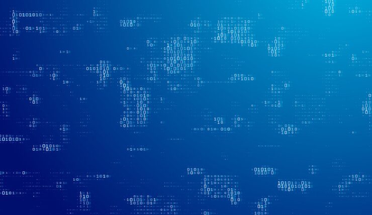 Vector blue background features binary code of 0 and 1 forming a structured programming matrix random