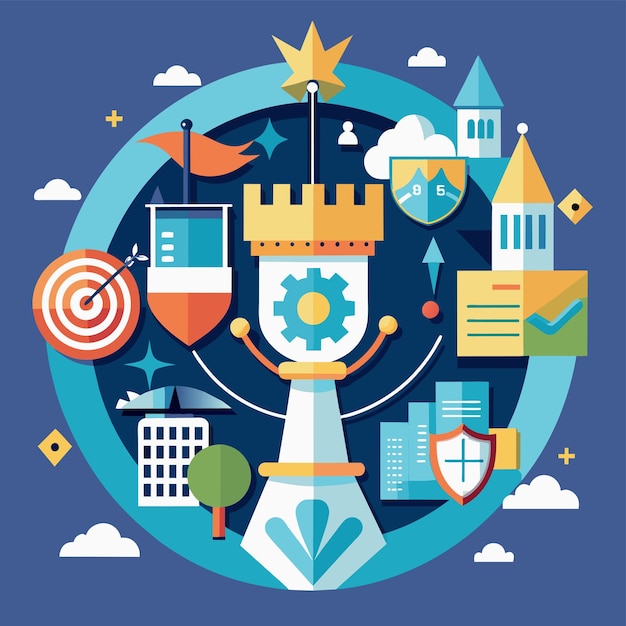 Vector a blue background featuring a castle surrounded by icons devise an engaging geometric design that reflects the concept of futuristic molecules