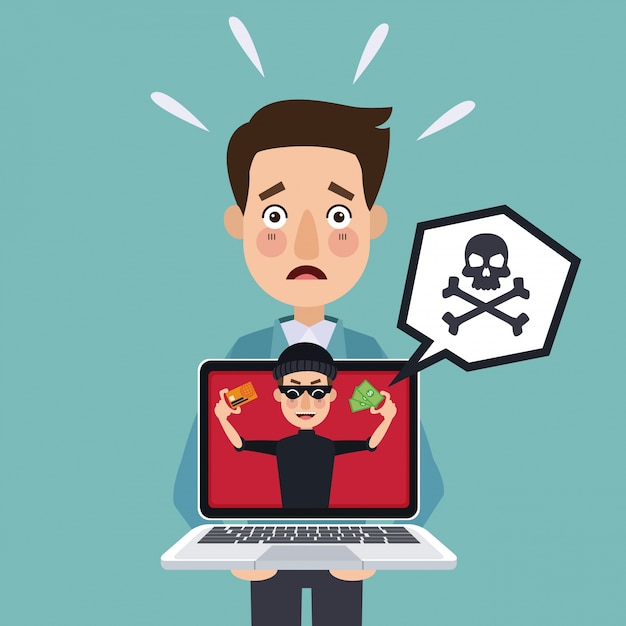 Blue background programmer man with laptop and thief man hacker stealing against security 