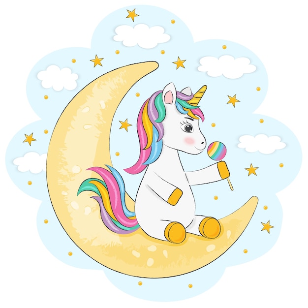 on a blue background, a unicorn sits on a moon with a candy