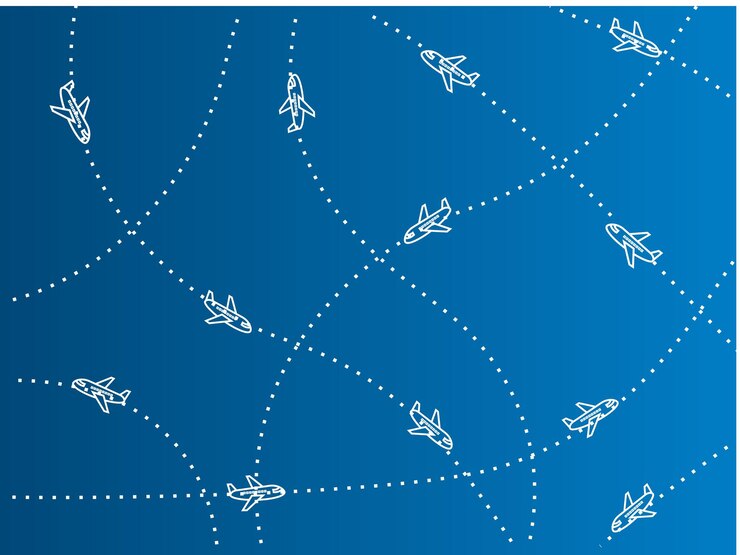 Vector blue background with airplanes tourism routes