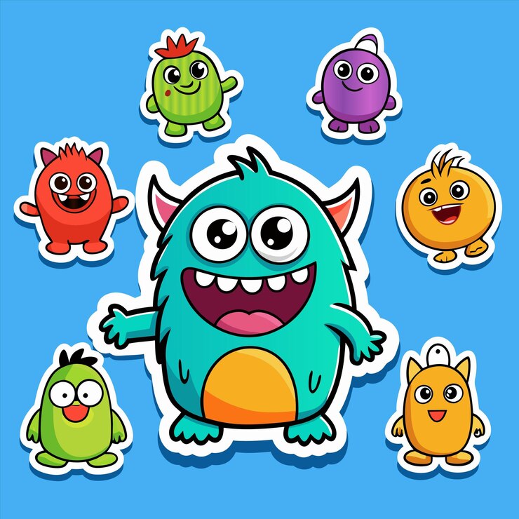 वेक्टर a blue background with a cartoon monster and a blue background with many different characters